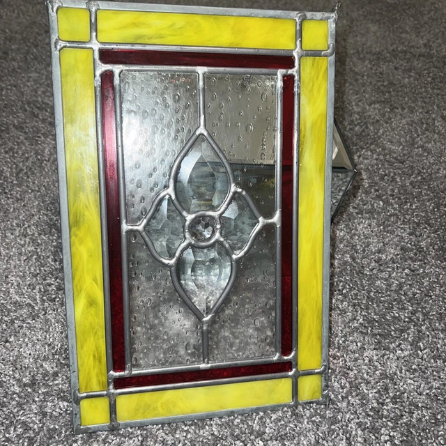 Large Vintage Stained Glass Sun catcher Yellow Red Clear Art Deco