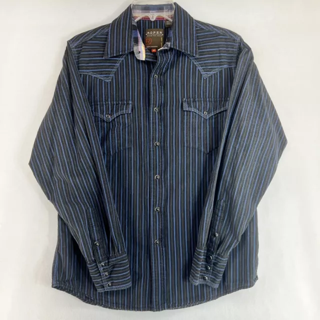 Roper Western Shirt Mens Medium Black Blue Striped Pearl Snap Cowboy Rodeo