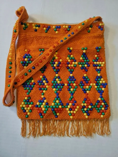 Vintage 60s/ 70s Beaded Fringed Orange Hippie Crossbody Purse Bag SEE BELOW 100W