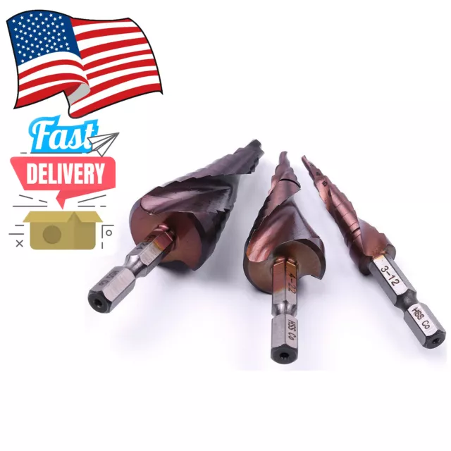 3pc 1/4" HSS M35 Cobalt Spiral Grooved Step Drill Bits 3-12 4-22 6-24mm