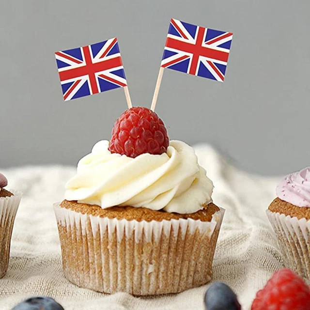 100 palitos de cóctel Union Jack para cupcakes toppers Queens Jubileo 2022 Fiesta E5T9