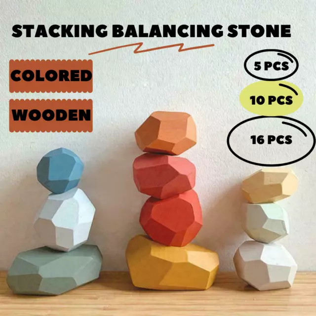 Creative Wooden Colored Toy Stacking Balancing Stone Building Blocks AU