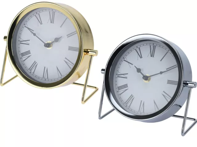 Mantel Table Desk Clock With Stand Gold Silver Metal Round Modern Home Decor