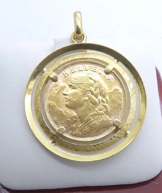 1935 SWISS GOLD 20 Francs Helvetia Gold Coin Pendant with Bezel 10.8