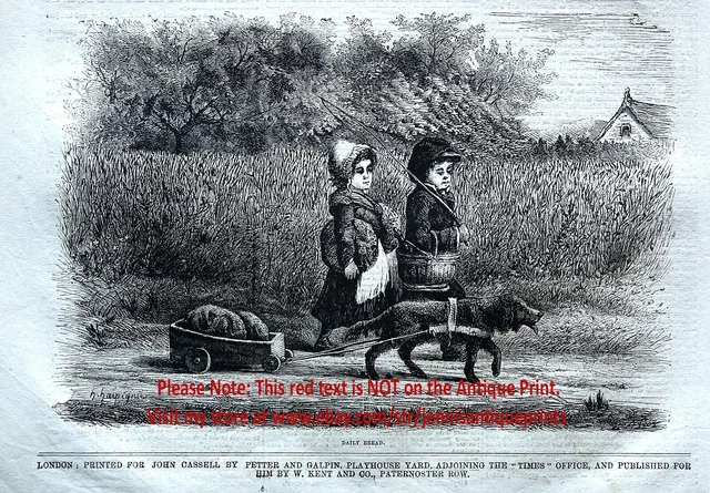 Dog Field Spaniel Cocker Pulls Cart for Children, 1860s Antique Engraving Print