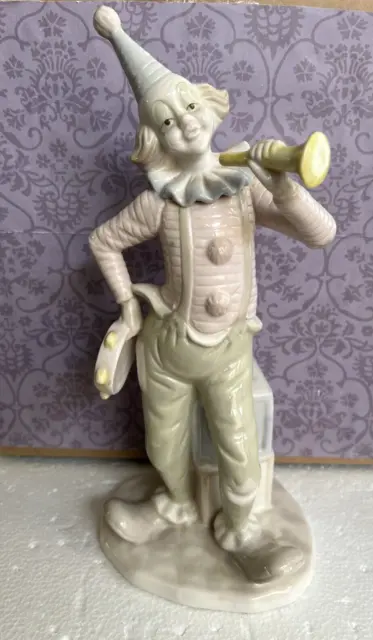 Vintage 12" Large Porcelain CLOWN FIGURINE With Horn, Tambourine & Blocks Pastel