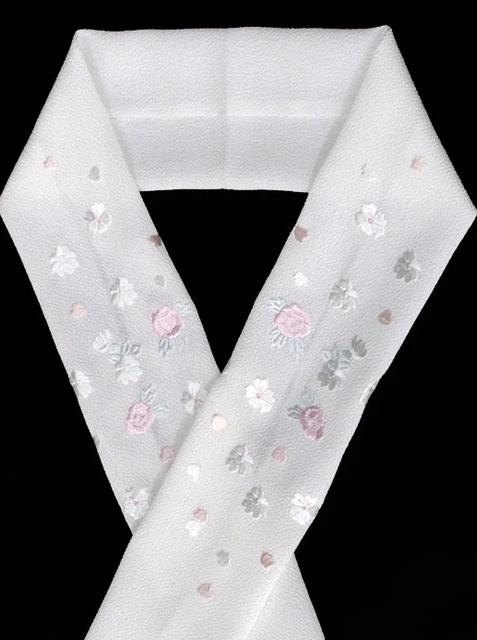 Japanese Woman's Kimono Embroidery HAN ERI collar 5 White Pink Flower