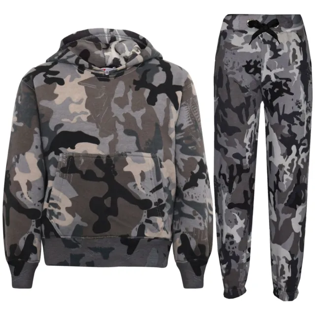 Kids Girls Boys Hooded Hoodie Camouflage Charcoal Tracksuit Jogging Suit Joggers