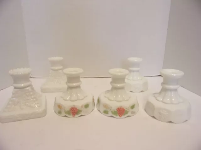 Westmorland Three Pair Candle Holders Milk Glass One Painted