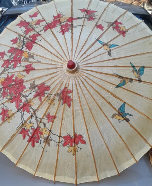 Vintage Bamboo Rice Paper Umbrella Blue Birds, Autumn Leaves