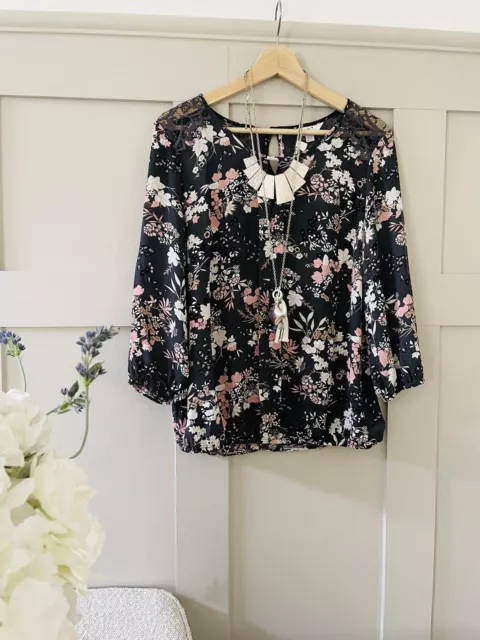 Julipa Bubble Hem Blouse Black Floral Lace Trim Brand New With Tag Size 12