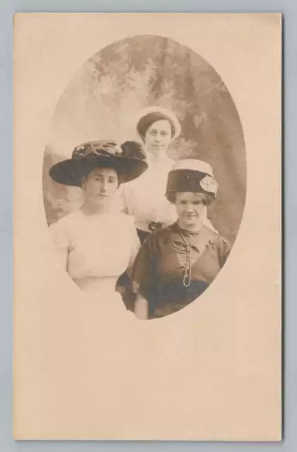Women in Fancy Hats RPPC Antique Studio Photo Postcard 1910s