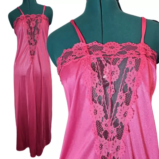 nightgown Negligee Nightie sleepwear Womens VTG 90s Pink Nylon retro lace maxi