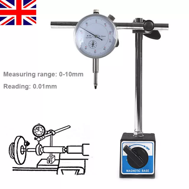 Dial Indicator Test DTI Gauge 0-10mm + Magnetic Base Stand Metric Clock Gauge UK