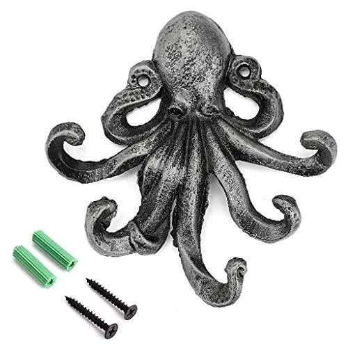 6 Inch Cast Iron Octopus Decorative Coat Hook - Wall Mounted Nautical Hand To...
