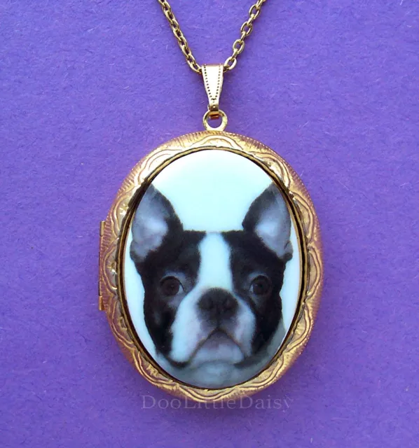 DOGS Porcelain BOSTON TERRIER DOG CAMEO Costume Jewelry Locket Pendant Necklace