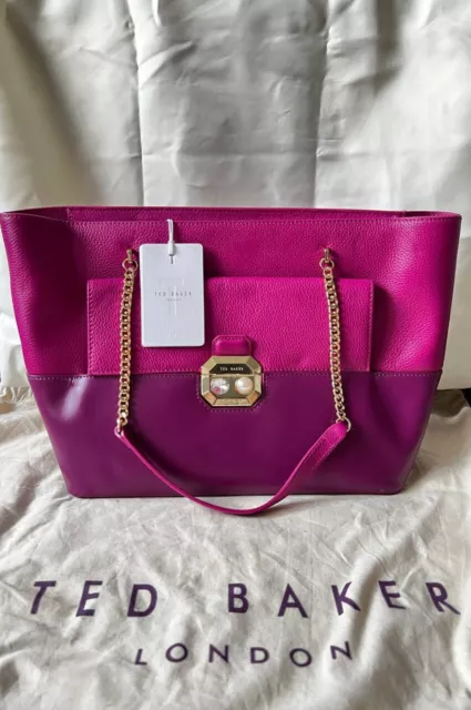 NEW Ted Baker London Crystal and Pearl Lock Bright Pink 100% Leather Shopper