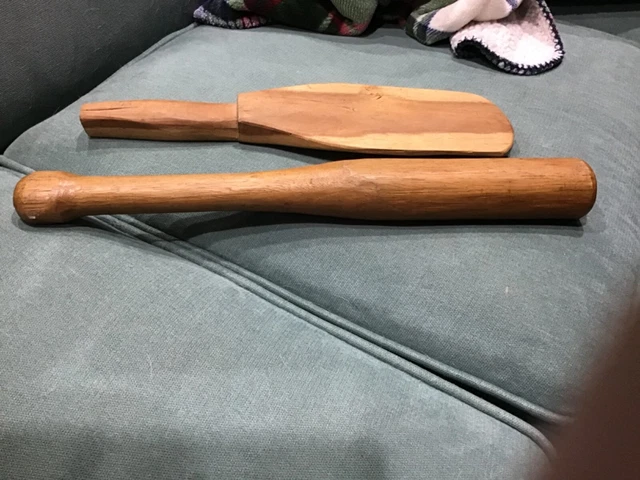 Large Early Antique Primitive Wooden Masher & Another Wood pc