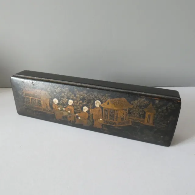 Antique Lacquered Papier Paper Mache Pen Brush Box Oriental Japanese 19th C