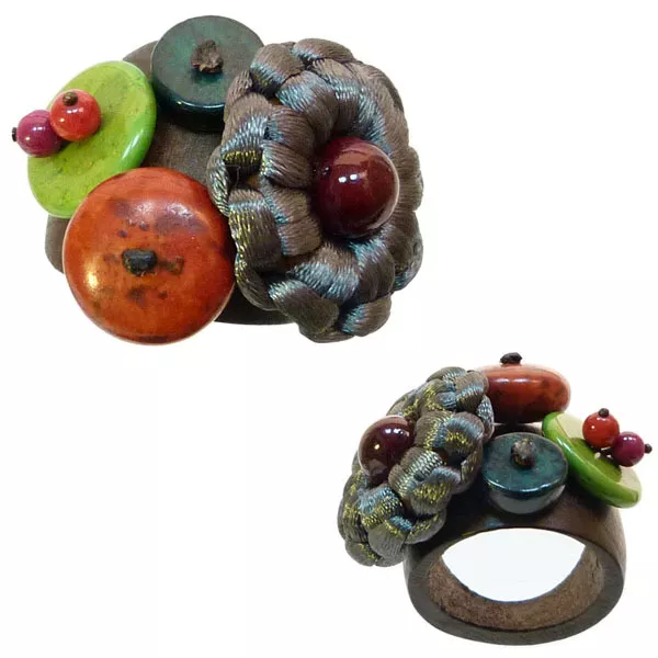 Bague anneau en bois marron perles en pierre rouge vert satin gris TAILLE 60