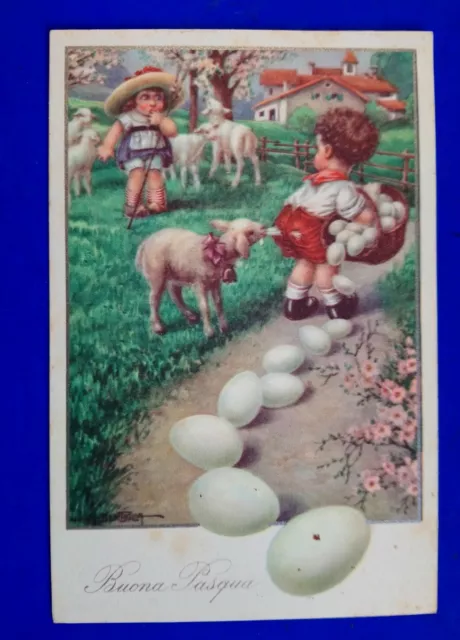 🔵 Cartolina 1942 Auguri Buona Pasqua Illustratore Bertiglia Crevola D'ossola🤣