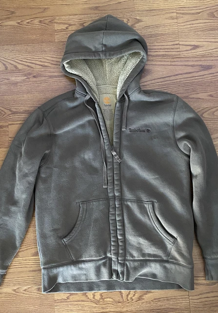 Timberland Men’s Sherpa Lined Full Zip Green Hoodie Logo Jacket Size Large 