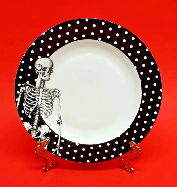 Wicked Skeleton Halloween Dinner Plate 10 3/4" White Polka Dots By Ciroa EUC!
