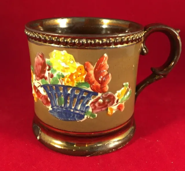 Antique Victorian Staffordshire Copper Lustre Ware Hand Painted Mug Cup