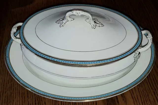 Antique John Maddock Sons covered vegetable bowl & platter turquoise, gold trim