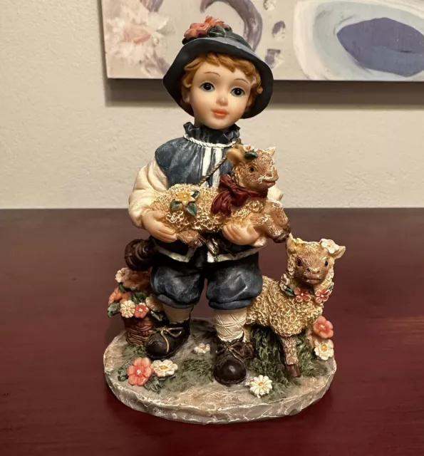Montefiori Collection Italy Design Blue Boy Holding Lamb Sheep Flowers Figurine