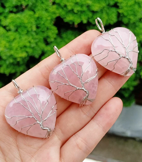 3pcs Rose Quartz stone Tree of life Pendants Heart Chakra Reiki Healing Amulet