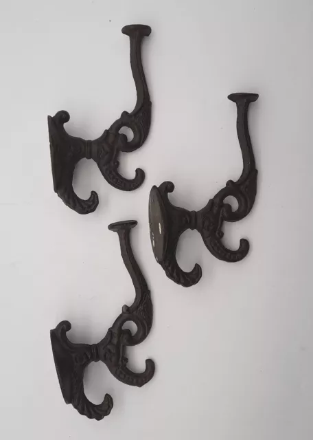 VICTORIAN CAST IRON Triple Metal Coat Hat Wall Hooks Antique