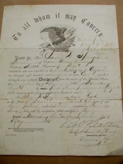 York Pennsylvania Civil War Soldier Discharge 200Th Pvi 1865 York Pennsylvania Civil War Soldier Discharge 200Th Pvi 1865