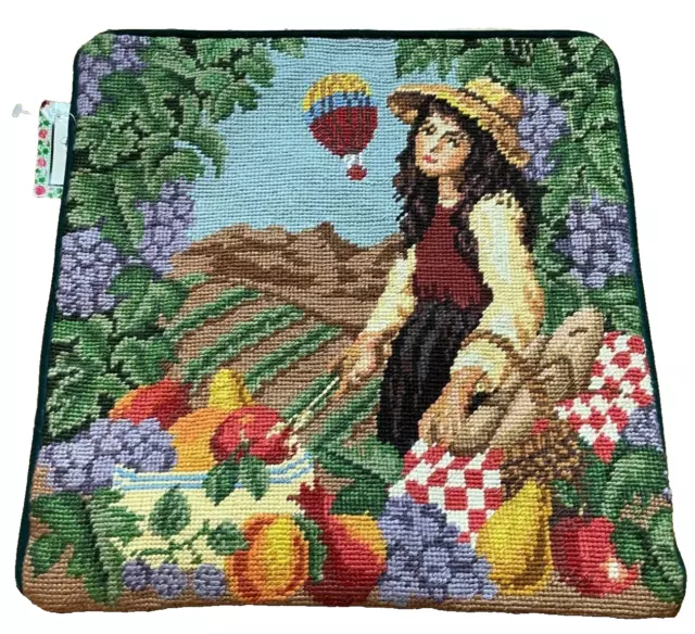 Handmade Wool Needlepoint Throw Pillow Cover Fall Farmer French Harvest Girl 14"