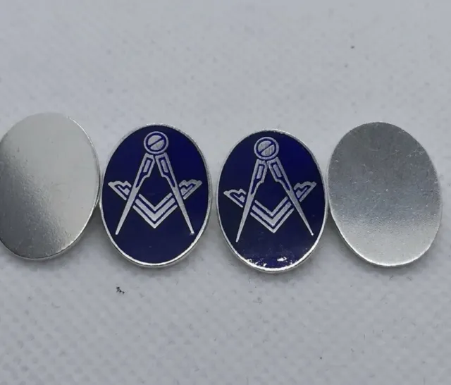 Vintage (1982 HM) Sterling Silver Blue Enamel Masonic Square & Compass Cufflinks