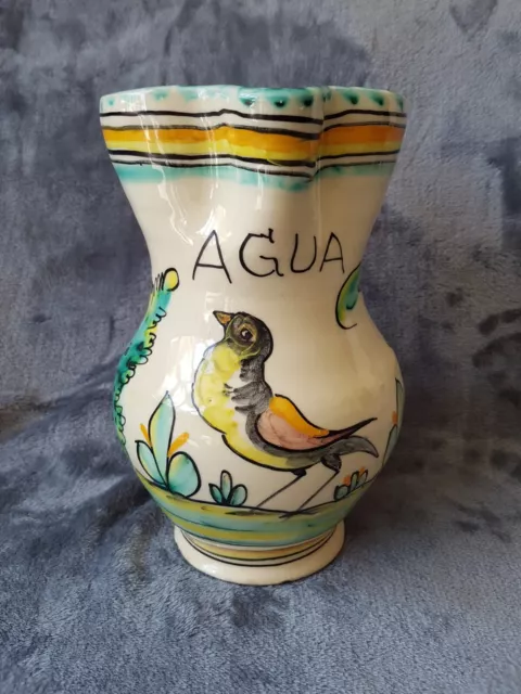 Unusual Studio Pottery Pitcher Large Water Jug Pinched Spout Hand Painted Bird