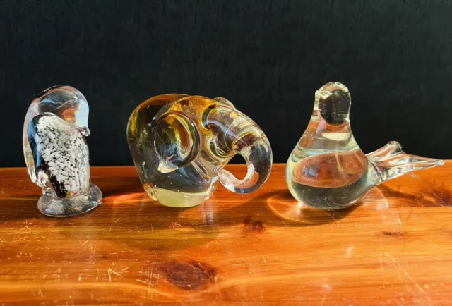 Vintage Hand Blown Art Glass Animal Clear Paperweight Lot Elephant Bird Penguin