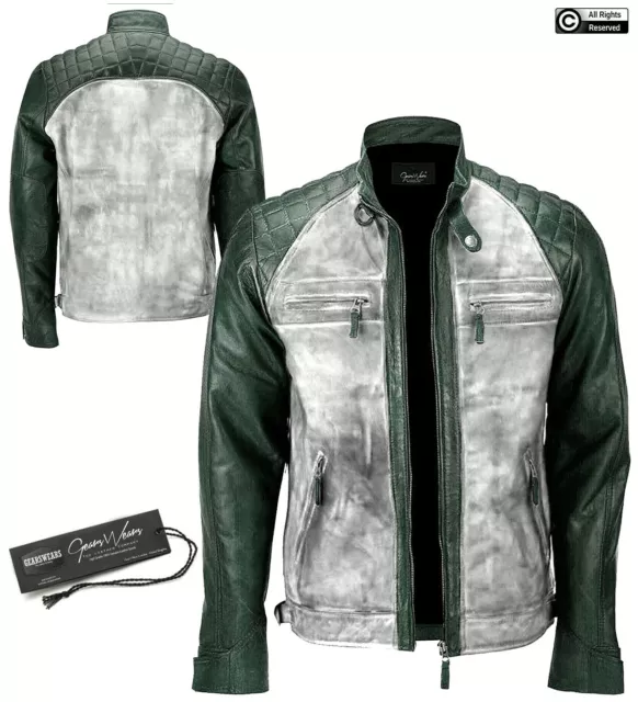 Giacca da uomo verde bianca Cafe Racer stile vintage moto biker vera pelle