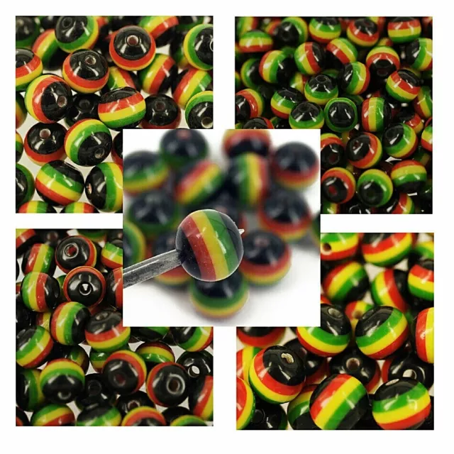Packung mit 50 schwarzen runden Rasta-Perlen. Ghana Jamaika Reggae Streifen. 4 Größen R2