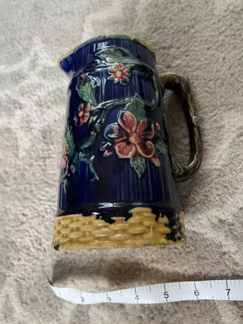 Antique Majolica 6 1/2’ Pitcher Cobalt Blue Pink Rose Floral England