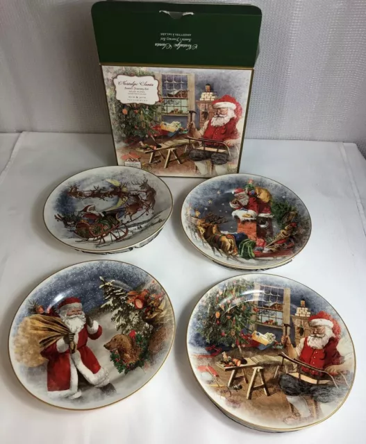 Pottery Barn NIB Nostalgic Santa Salad Plates Set Of 4 Santa’s Journey Set