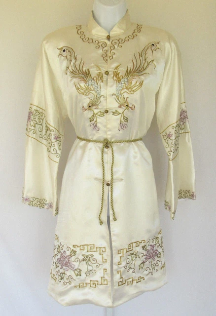 Vintage Kimono Coat Dress Soutache Embroidery Brass Frog Buttons Belt