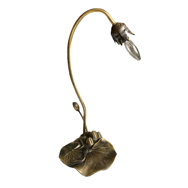 Vintage Brass Gooseneck Tiffany Style Lily Pad & Tulip Table Lamp * Works!*