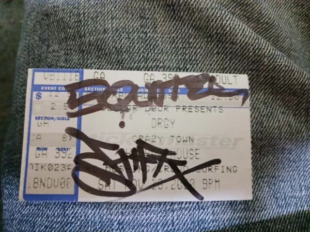 SHIFTY SHELLSHOCK Crazy Town Band SIGNED AUTOGRAPHED Ticket RARE Stub AUTHENTIC