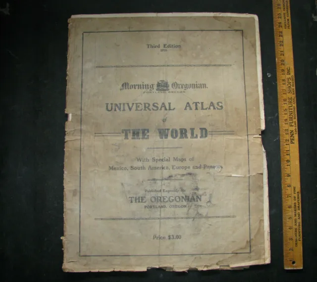 1916 OREGONIAN WORLD ATLAS Geographical Pub. HUGE OREGON/WASHINGTON MAPS antique