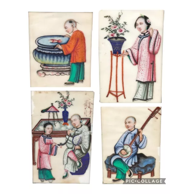 Qing Dynasty? - Set Of Four Pith Paintings - 19th Century Gouache Watercolour