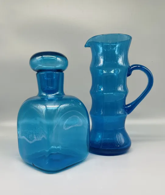 Pop Art Vintage Glas Krug Kanne Karaffe Murano & Flasche Blenko Blau