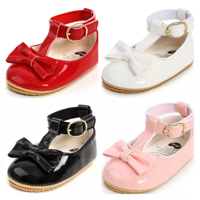 Infant Baby Girl Spanish Style Patent Pram Shoes Mary Jane Bow T-Bar Rubber Shoe