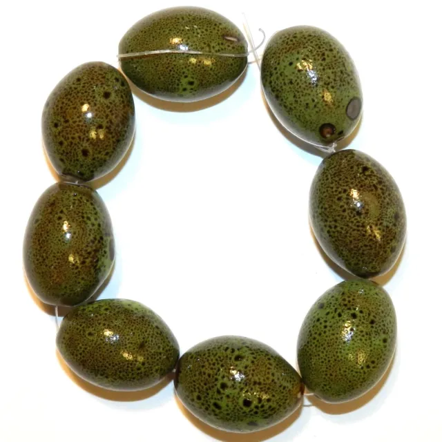 CPC252 Green & Brown Multi-Tone Large 28mm Tapered Oval Porcelain Beads 8"