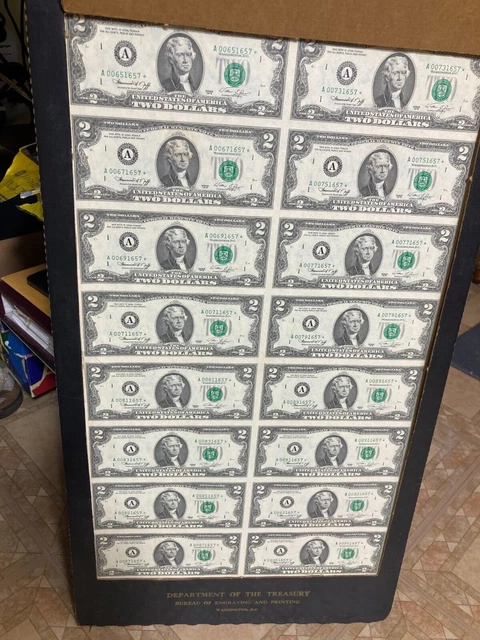 1976 uncut uncirculated BEP sheet of 16 star notes two dollar bills*small tear*